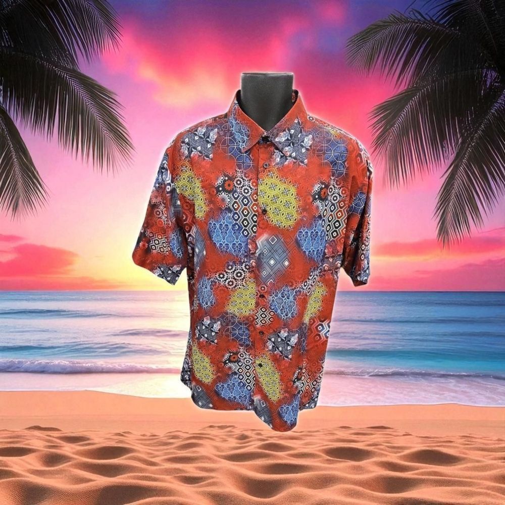 BASSIRI MEN'S CASUAL ABSTRACT SHORT SLEEVE SHIRT. NAVY BURGUNDY GREEN. 1044